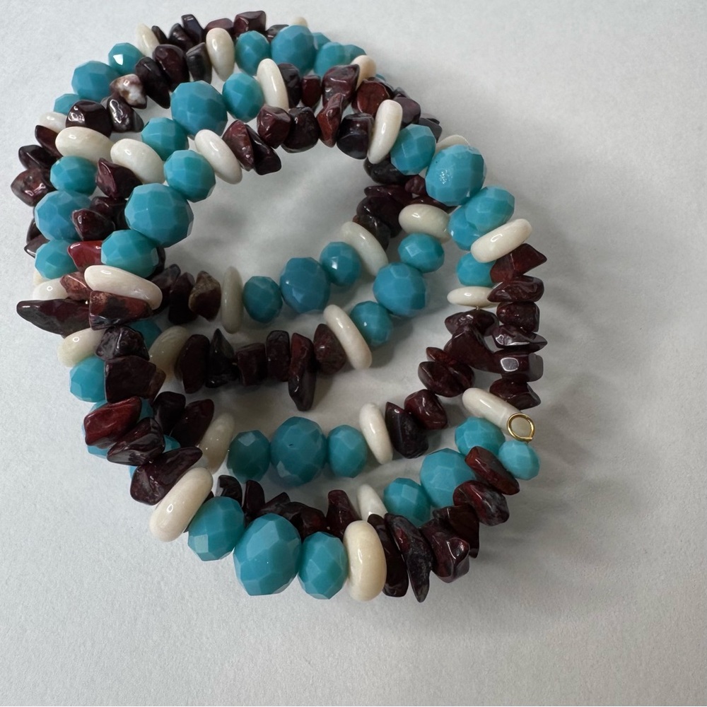 Hand Crafted Turquoise Glass, White Coral & Tiger Eye Gemstone Bracelet NWT - Picture 2 of 7